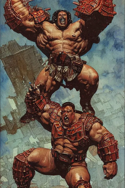 Image similar to full body portrait of huge hulking mark henry as armoured demon, simple background, painted by jack kirby, lawrence alma tadema, norman rockwell, greg staples, wayne barlow, jacob collins, tom lovell, frank schoonover, neville page