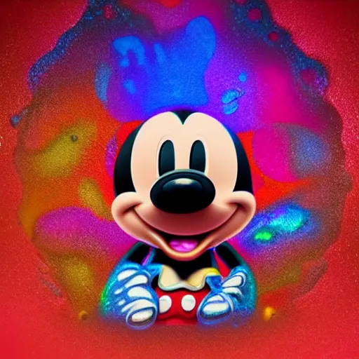 Image similar to counterfeit mickey mouse, fractal, broken, wet, melting, lisa frank, fractured, mycelium, cubensis, radiant alien, rococo, baroque, automotive, bio-mechanical, porcelain, iridescent, sub surface scattering, unreal engine, octane render