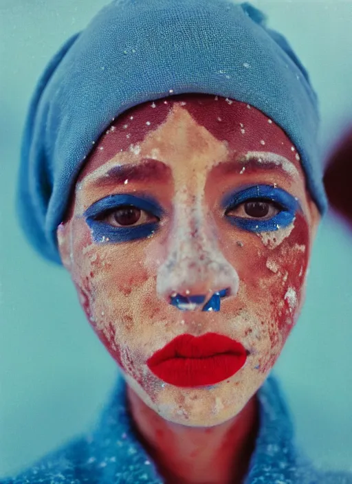 Image similar to extra close-up, color film photography, portrait of woman with vitiligo, in style of nan goldin, blue hour, 35mm, film photo