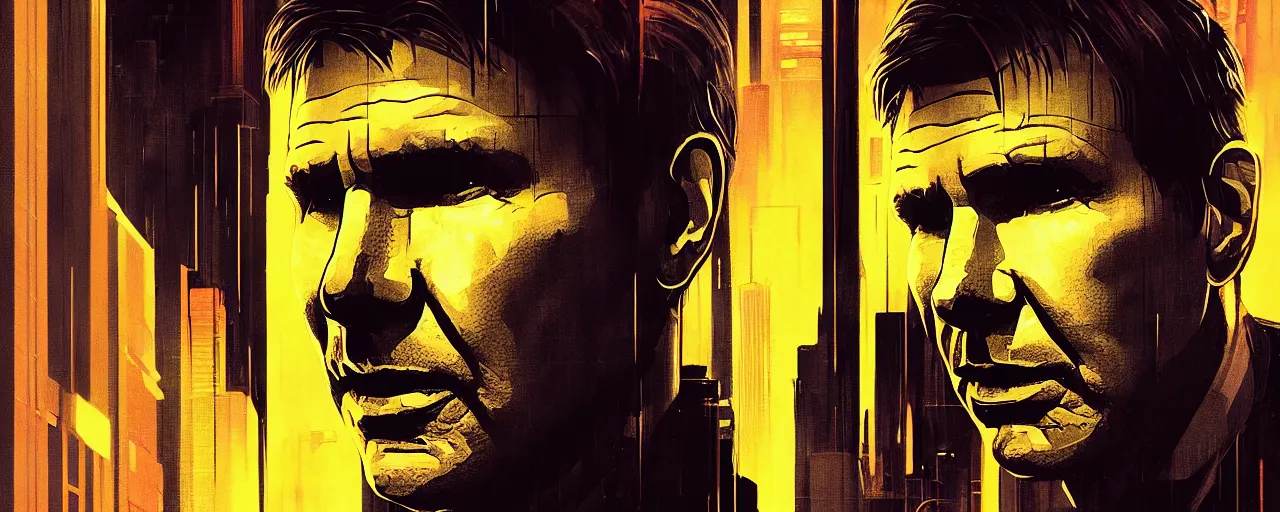 Image similar to duotone tech noir concept illustration 3 / 4 portrait of harrison ford as deckard from blade runner 1 9 8 2. cinematic volumentric lighting space. golden ratio accidental renaissance. by sachin teng and sergey kolesov and ruan jia and heng z. graffiti art, scifi, fantasy, hyper detailed. octane render. concept art. trending on artstation