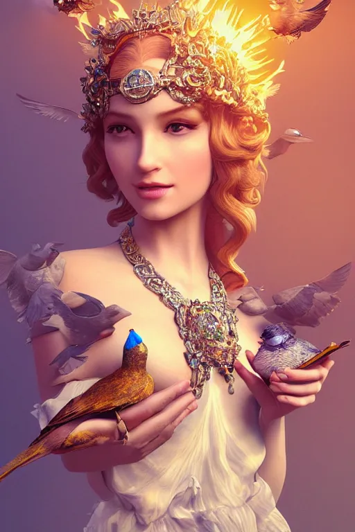 Image similar to zoom in 3 d render of english princess holding birds, fire, diamonds, ornaments, mucha vibe, dieselpunk, solarpunk, artstation, andrei riabovitchev