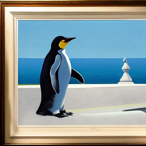 Image similar to a fine art painting of the penguin from planet coaster in a water fountain in the style of edward hopper and wes anderson.