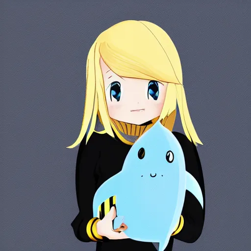 Image similar to a blonde girl in a black hoodie holding a blue-shark-stuffie, anime style digital art