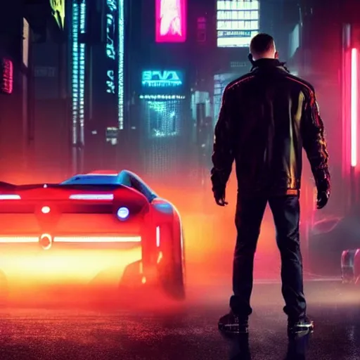 Image similar to cyberpunk street racer wearing black jacket standing next to red Lan Evo X 2077 FRS GTR R35 S15 NSX scene from Bladerunner 2049 Roger Deakins Cinematography movie still 2017