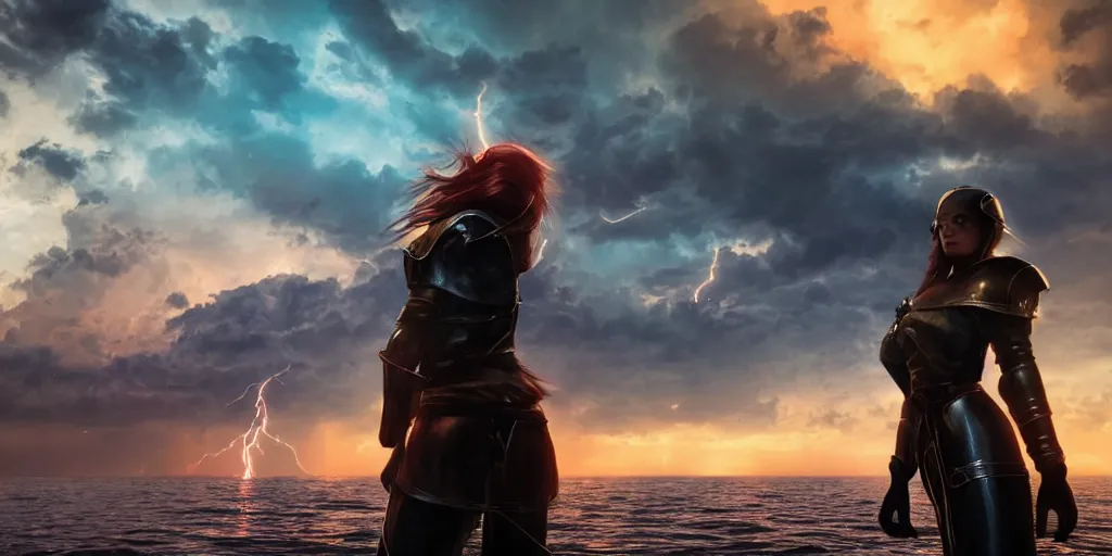Image similar to epic medieval woman ship pilot standing at the bow of a ship at sea from behind, dramatic dark glowing golden neon sunset with thick wall of lightning storm clouds and violent seas, long hair with shaved side part, dynamic lighting, hyperrealistic, hd 4 k, artstation