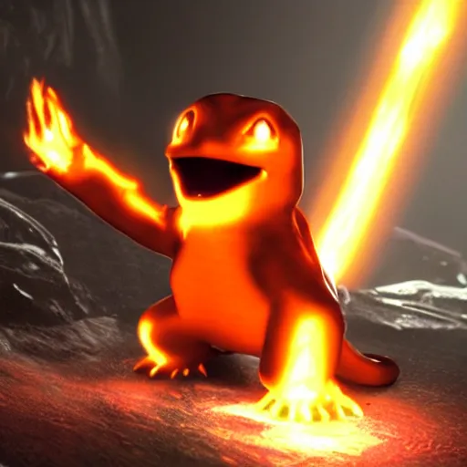Image similar to cybernetic Charmander, metallic, fiery, glowing, in a cave unreal engine
