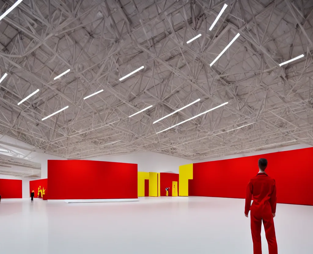 Prompt: museum hall, huge white exhibition hall, hyperrealistic red wax sculpture of ikea employee, ikea red and yellow uniform, by james prosek sarah ann loreth and zhelong xu. smooth colors gradient. creature like in horizon forbidden west horizon zero