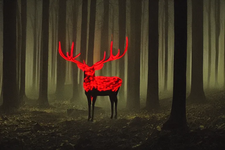 Image similar to a glowing bioluminescent stag illuminates a creepy dark forest, night