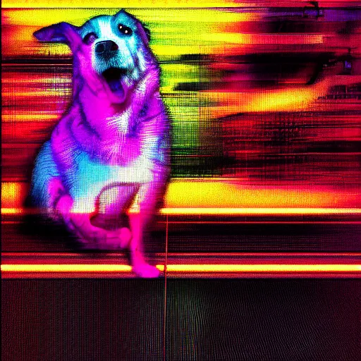 Prompt: Dog getting hit by a bus, pixel sorting, glitch art, vaporwave, portrait, painting
