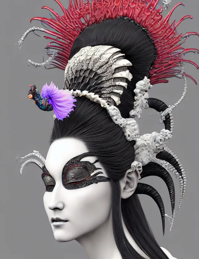 Image similar to 3 d goddess close - up profile simple portrait baroque queen with mohawk with ram skull. beautiful intricately detailed japanese crow kitsune mask and clasical japanese kimono. betta fish, jellyfish phoenix, bio luminescent, plasma, ice, water, wind, creature, artwork by tooth wu and wlop and beeple and greg rutkowski