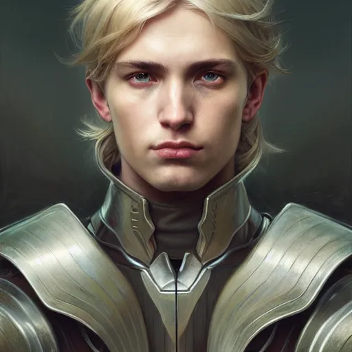 Image similar to portrait painting of a young melancholic man with a soft face and short light blonde hair wearing armor, ultra realistic, concept art, intricate details, eerie, highly detailed, photorealistic, octane render, 8 k, unreal engine. art by artgerm and greg rutkowski and charlie bowater and magali villeneuve and alphonse mucha