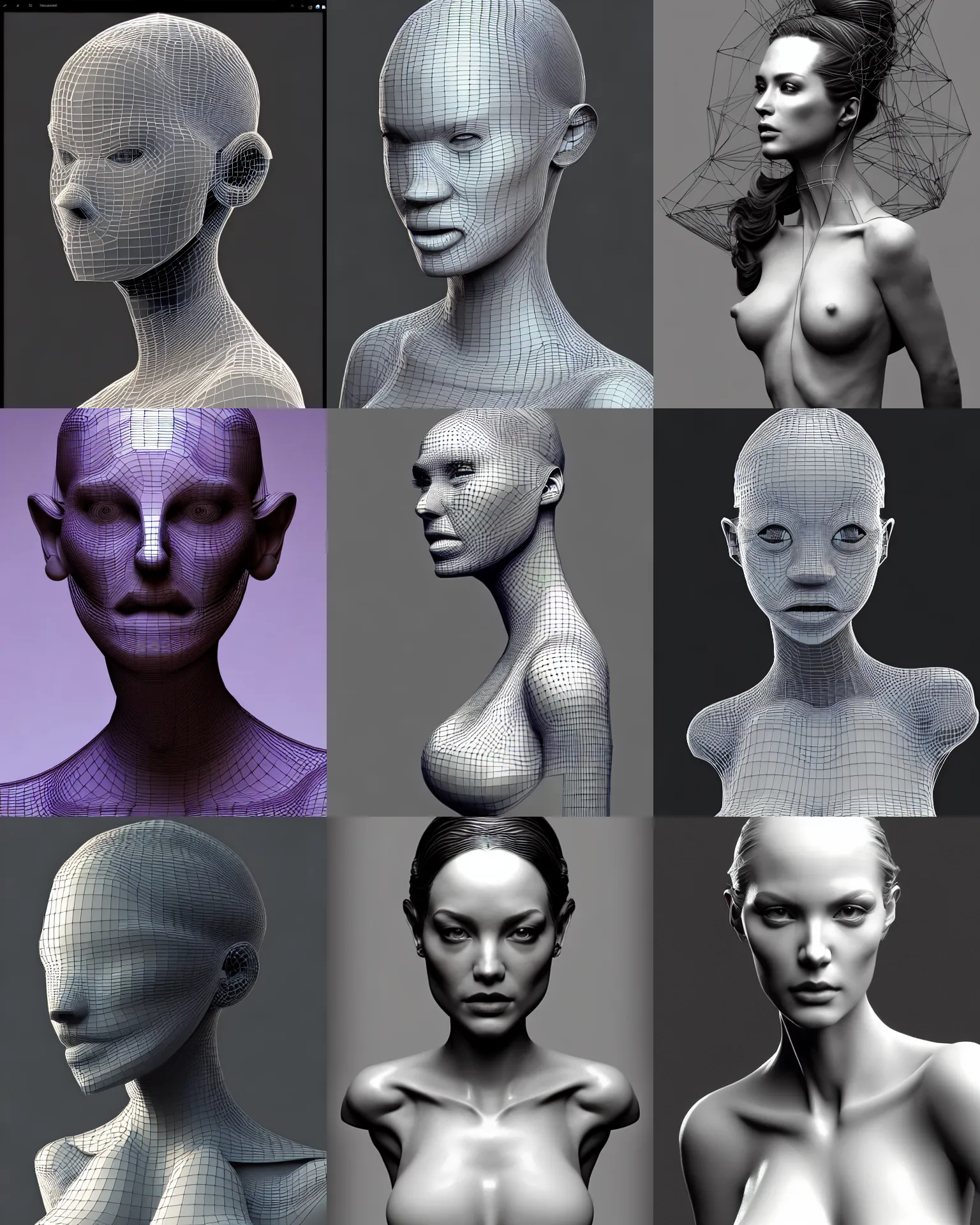 Prompt: 3 d model of a beautiful woman portrait, high poly 3 d glowing wireframe models, wireframe mode, wireframes turned on, overlay of a 3 d wireframe version, half textured half wireframe, ultra realistic, dramatic lighting, intricate details, highly detailed by peter mohrbacher, boris vallejo, hajime sorayama, wayne barlowe,