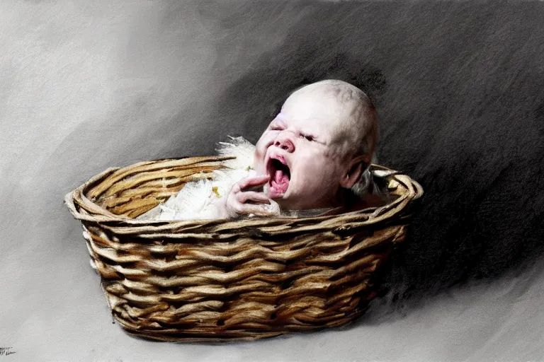 Prompt: epic concept art of a white baby squealing in a basket. by ashley wood and j. m. w. turner, speed painting, photo bash, cinematic angle, super detailing,