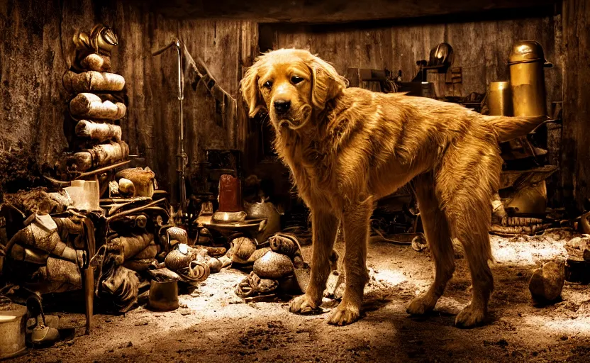 Prompt: a dirty golden retriever dog in a black western hat with many large gold nugget piles in a dark mine, dim moody lighting, wooden supports and wall torches and pick axes, cinematic style photograph