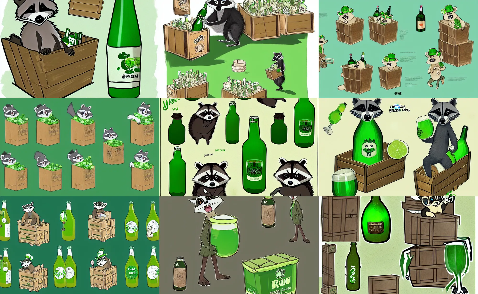 Prompt: an illustration of a racoon carrying a crate full of green beer bottles very cute, kim jung ji concept art character sheet