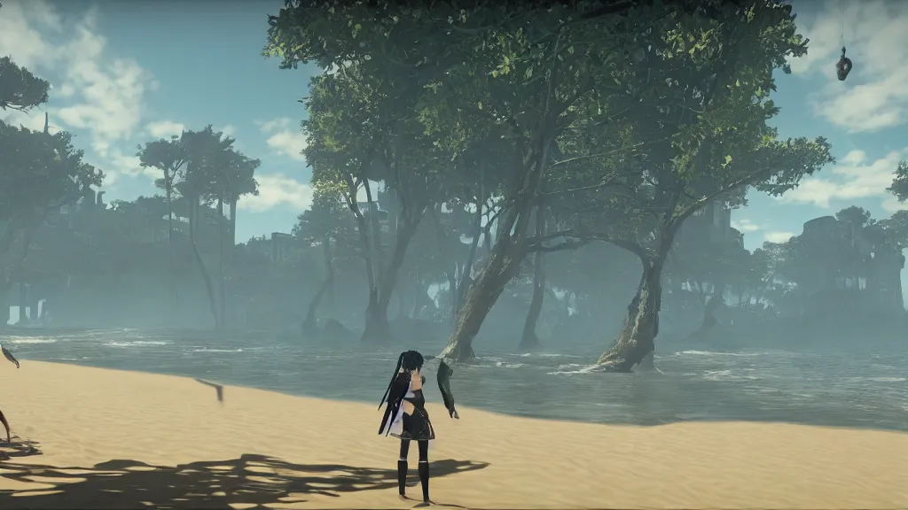 Image similar to Screenshot from Nier Automata, beautiful landscape at a beach