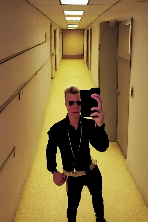 Prompt: a seemingly endless series of hallways with no natural lighting, LED yellow-tinted ceiling lighting, simple wallpaper, and a dirty carpet that extends throughout the entire system of hallways, Johnny Bravo!!!!! is standing in the hallway taking a selfie, close-up photo