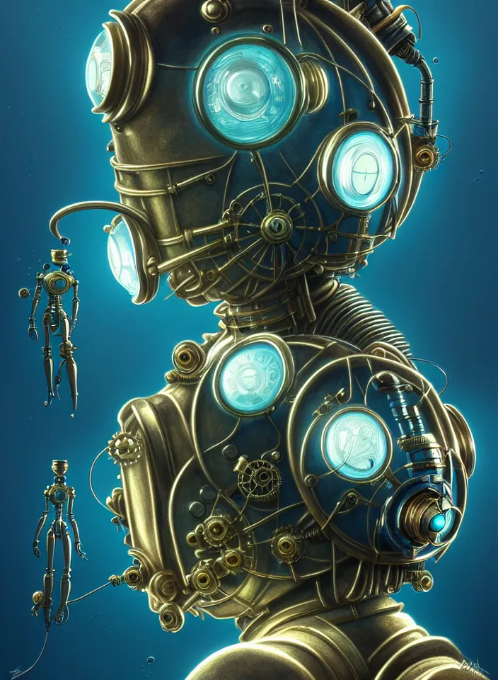 Image similar to symmetry!! close face portrait of a steampunk robot from bioshock, vintage, iridescent metal!! underwater atmosphere, intricate, serene, highly detailed, digital painting, artstation, symmetric concept art, smooth, sharp focus, illustration, art by artgerm and greg rutkowski and alphonse mucha, 8 k