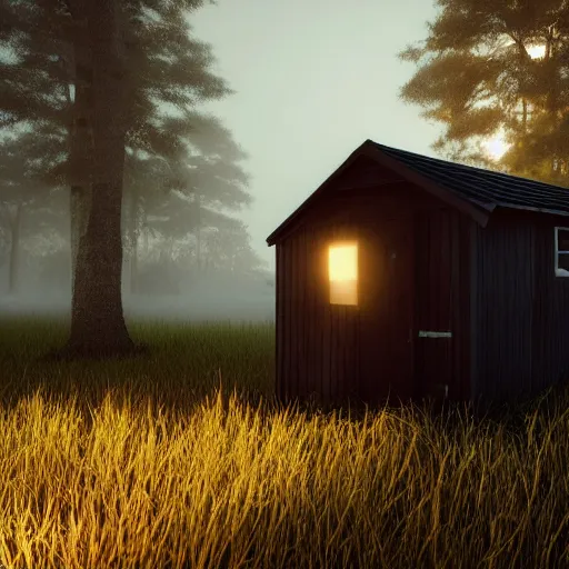 Image similar to still shot of a hut covered in morning fog, highly detailed, photorealistic portrait, bright studio setting, studio lighting, crisp quality and light reflections, unreal engine 5 quality render