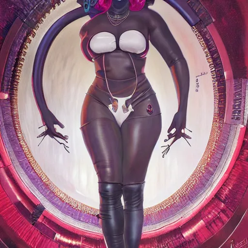 Image similar to cyberpunk fat oprah winfrey head domme mistress, full body, dominatrix, tribal, smooth white tight clothes suit, ornate, very beautiful, concept art, realistic painting, androgynous, afrofuturism, daz 3 d, cinematic, cgsociety, digital art by greg rutkowski, by alphonse mucha,
