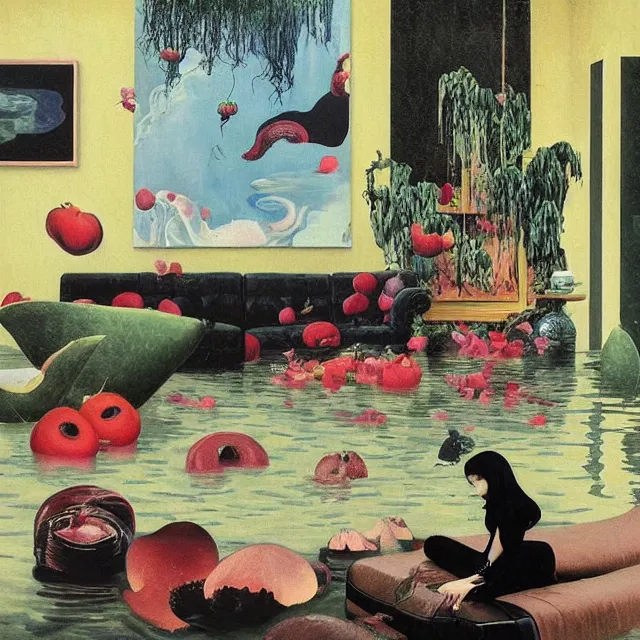 Image similar to emo catgirl artist in her flooded lounge room, painting of flood waters inside an artist's loungeroom, a river flooding indoors, pomegranates, pigs, ikebana, water, octopus, river, rapids, waterfall, black swans, canoe, berries, acrylic on canvas, surrealist, by magritte and monet