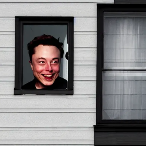 Image similar to photograph at night of elon musk smiling creepily through your bedrooms window, horror art,