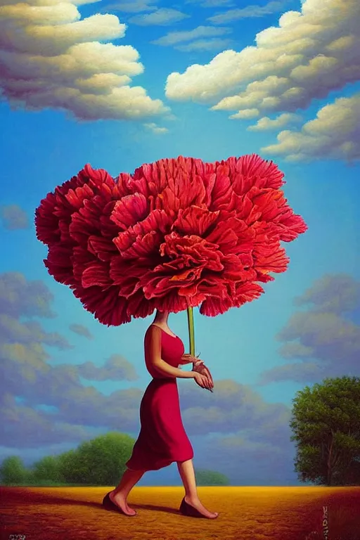 Image similar to closeup, giant carnation flower head, woman walking, surreal, clouds in sky, impressionist painting, digital painting, artstation, rob gonsalves