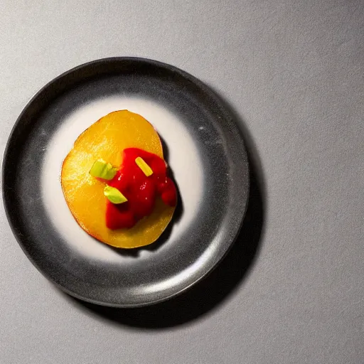Image similar to Alinea dish - Potato with Ketchup, food photography, award winning, Grant Achtz