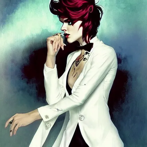 Image similar to beautiful portrait of androgynous ruby rose as desire from sandman in a white tuxedo!!!, rockabilly style, by frank moth, by alphonse mucha, cedric peyravernay, by jeremy mann, white suit and black tie, soft lightning, high detailed, 8 k