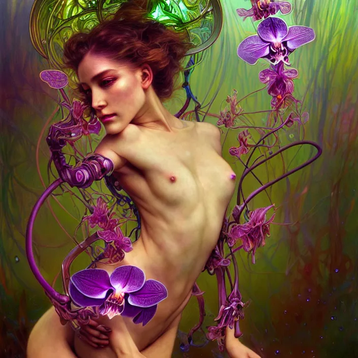 Prompt: psychedelic organic cyborg, saturated orchid, dew drops, diffuse lighting, fantasy, intricate, elegant, highly detailed, lifelike, photorealistic, digital painting, artstation, illustration, concept art, smooth, sharp focus, art by John Collier and Albert Aublet and Krenz Cushart and Artem Demura and Alphonse Mucha