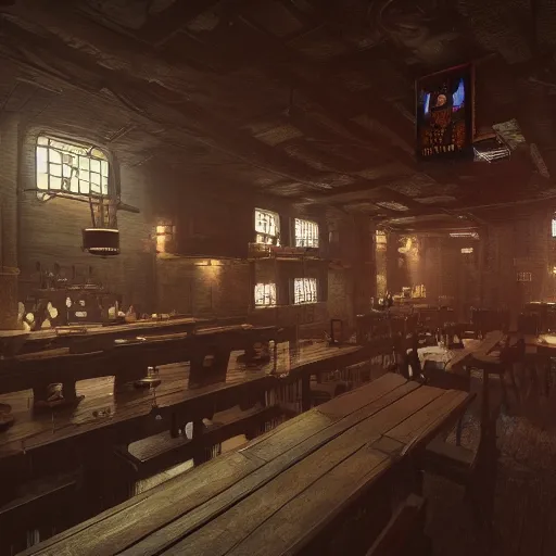 Prompt: Interior Concept design Tavern in Mixed style of Medieval and in style of Cyberpunk, Many details by Hiromasa Ogura. More cyberpunk less Medieval. Panorama 360 degrees Rendered in unreal engine 5, artstationHD, 4k, 8k, 3d render, 3d Houdini, cinema 4d, octane RTX volumetric natural light