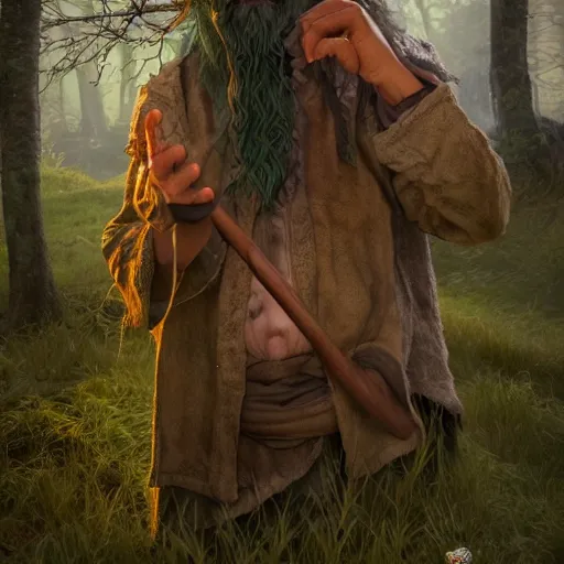 Prompt: realistic a human hobo druid with green magic around, fantasy book, d & d, high detail, 8 k, octane render painting, dark fantasy