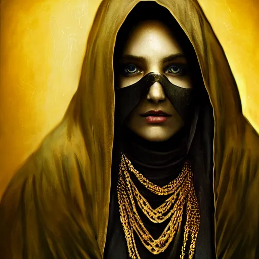 Image similar to a portrait of a young woman wearing a long dark cloak, hood and shadows covering face, holding golden chains, oil painting, matte painting, black background, Volumetric Golden dappled dynamic lighting, Highly Detailed, Cinematic Lighting, Unreal Engine, 8k, HD, by Beksinski