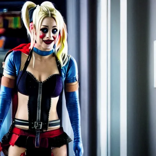 Image similar to A still of Kaley Cuoco as Harley Quinn