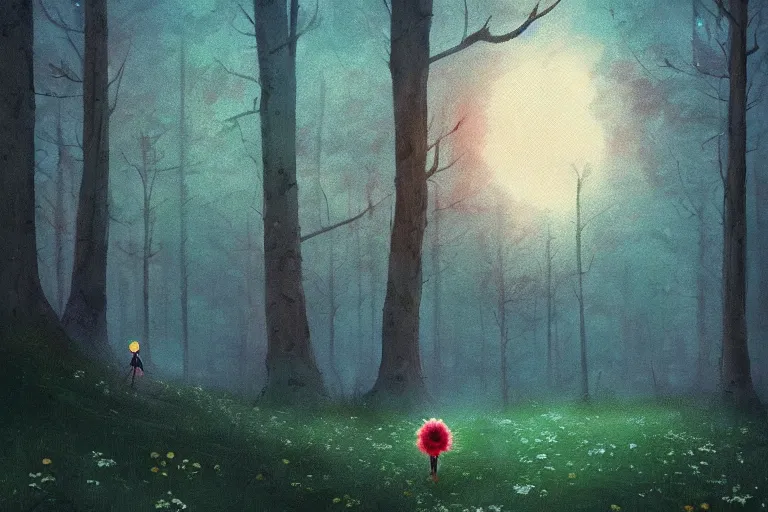 Image similar to giant daisy flower as face, girl walking in forest, surreal photography, dark night, stars, moon light, impressionist painting, clouds, digital painting, artstation, simon stalenhag