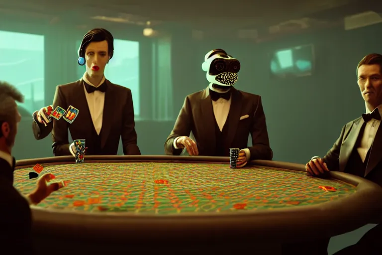 Image similar to hyperrealism simulation highly detailed human turtles'wearing detailed tuxedos and smoking, playing poker in surreal scene from cyberpunk movie from future by wes anderson and denis villeneuve and mike winkelmann rendered in blender and octane render