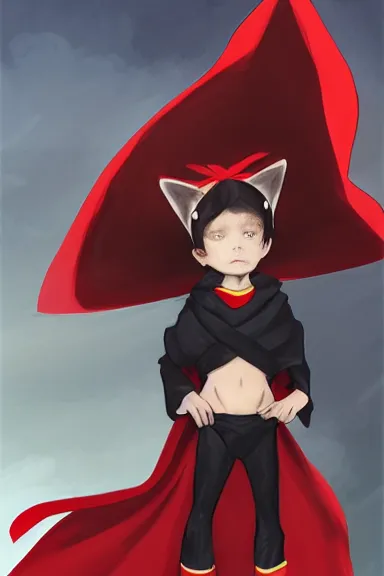 Image similar to little boy with cat ears in an black outfit with red cape. digital painting made by lois van baarle and marc simonetti, sharpness focus, inspired by hirohiko araki, anatomically correct, heroic composition, hero pose, smooth