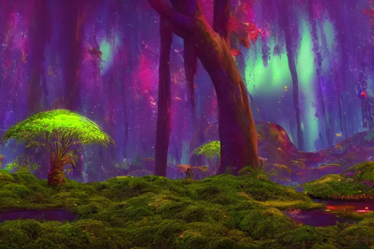 Prompt: beautifully detailed painting of a dreamy psychedelic rainforest with fireflies and fairies and an aurora borealis, and moss rendered in unreal engine 5