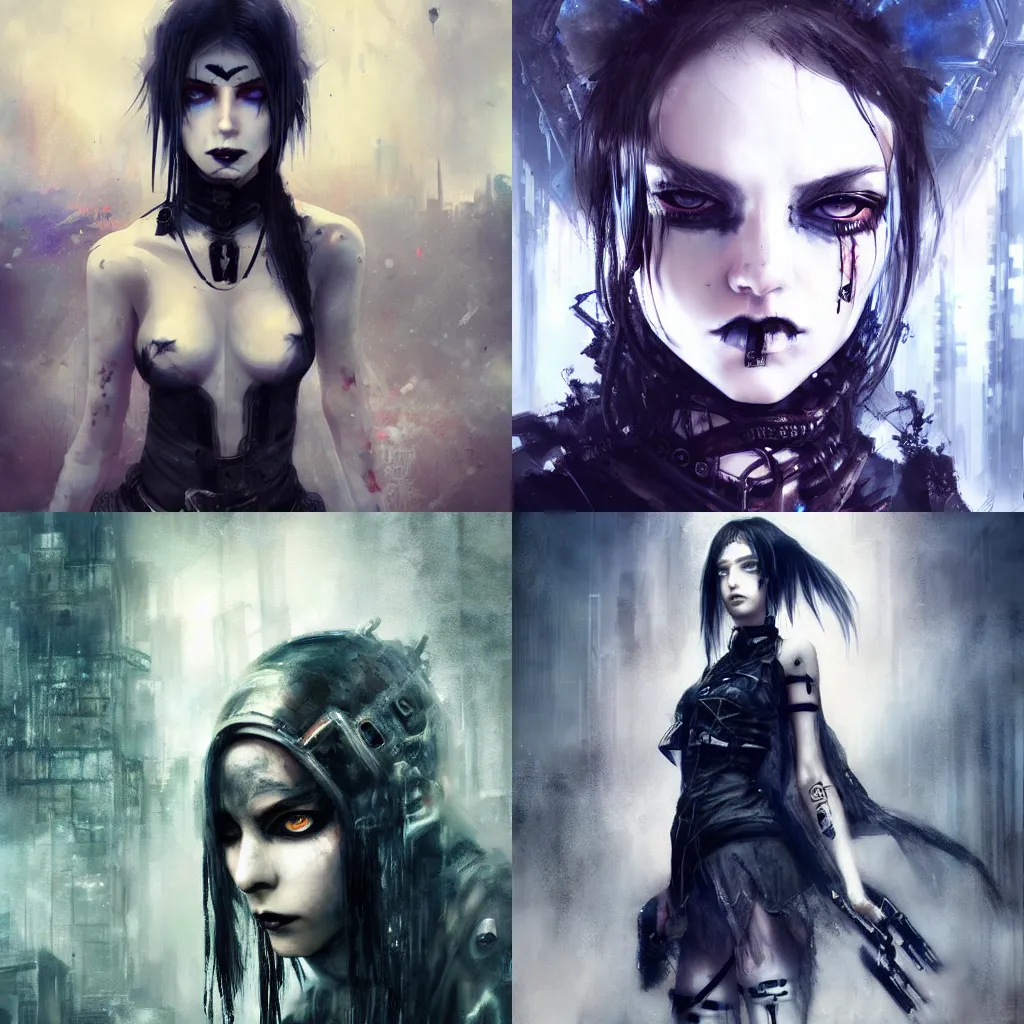 Prompt: gothic cyberpunk girl, post apocalyptic dystopian landscape, heavy blue eye makeup, half body portrait, melancholic expression, gloomy vibes, evanescence, gritty, anime, ruan jia