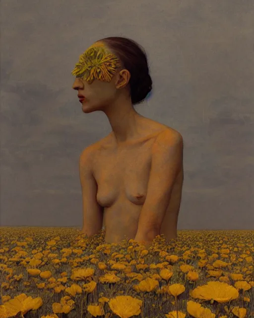 Image similar to A portrait of a woman wearing clothes made out of dying flowers, nuclear explosion in the background, Masterpiece, yellow skin, glowing, wires everywhere, by Edgar Maxence and Ross Tran, Zdzisław Beksiński, and Michael Whelan, distant, gustav dore, H.R. Giger, 8k, octane render