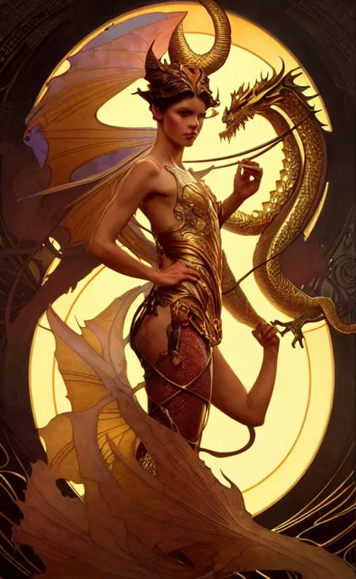 Image similar to magic gold dragon gorgeous lighting by weta studio, mucha, bautista and norman rockwell and greg rutkowski and tom bagshaw and james gurney and lucasfilm