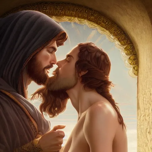 Image similar to jesus kissing a sensual woman in jerusalem, elegant, highly detailed, digital painting, artstation, concept art, matte, sharp focus, highly detailed, 4 k, hdr, smooth, sharp focus, high resolution, award - winning photo, photorealistic, art by artgerm and greg rutkowski and alphonse mucha, large shot