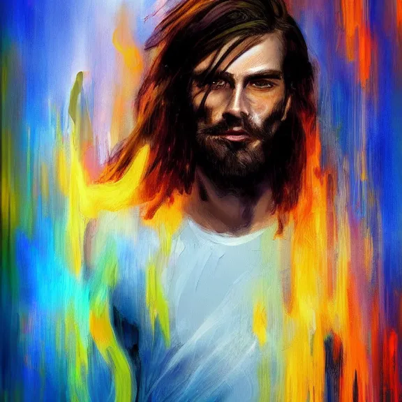 Image similar to abstract painting of man on fire. Handsome. Long hair. portrait. ArtStation. Impressionist