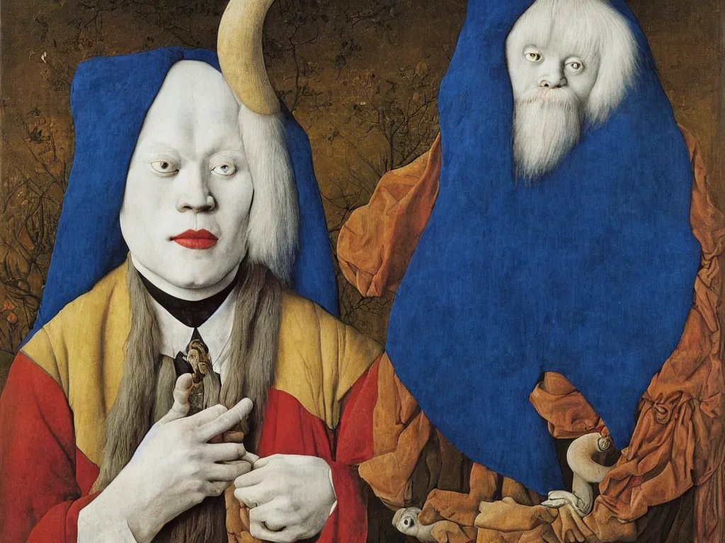 Image similar to Portrait of albino mystic with blue eyes, with Capricorn. Painting by Jan van Eyck, Audubon, Rene Magritte, Agnes Pelton, Max Ernst, Walton Ford