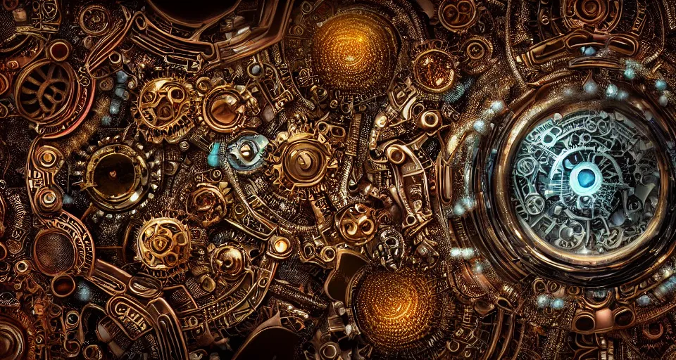 Prompt: Close up of intricate Retrowave Steampunk mandelbulb fractal, made of clockwork and gem tones and filigree platinum, ultra detailed, fractal art, cgsociety, bokeh, bokeh