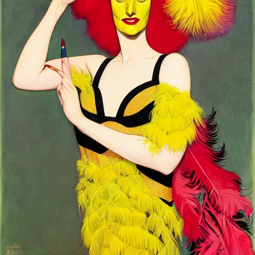 Image similar to art by joshua middleton, a medium shot portrait of the golden creeper, a tall manically smiling yellow - skinned woman with green and black striped cycling shorts and wearing a long red and black striped ostrich feather boa, yellow makeup, mucha, kandinsky, poster, art deco motifs, comic art, stylised design, scarlet feather boa