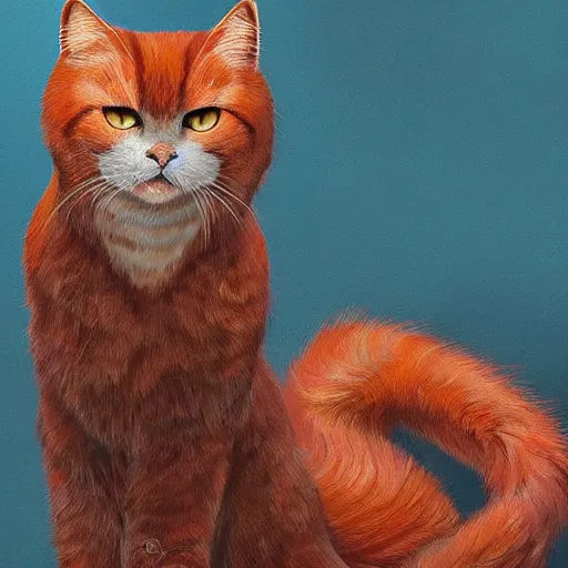 Image similar to orange cat with vampire fangs in the museum, cuddly fur, highly detailed, sharp focus, digital painting, artwork by Victor Adame Minguez + Yuumei + Tom Lovell + Sandro Botticelli