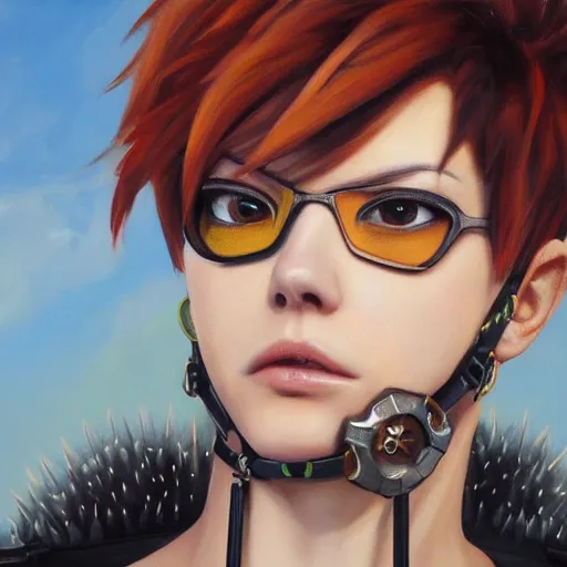 Prompt: oil painting of tracer overwatch in a field wearing spiked collar around neck, in style of martine johanna, expressive face, wearing choker with spikes, steel collar, detailed face, detailed eyes, full body, feminine face, tracer overwatch,