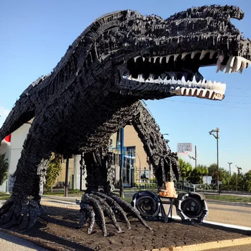 Image similar to photograph of a tyrannosaurus made of tires, recycled tire sculpture