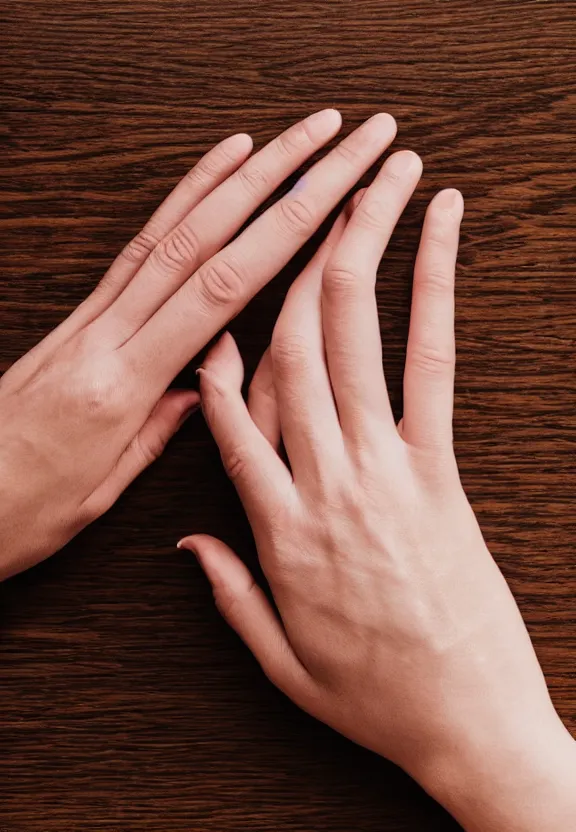 Prompt: photorealistic woman's hand with palm up lies on the table, palm pattern visible, pov photo, instagram photo, studio photo, 9 0 mm, f / 1. 4